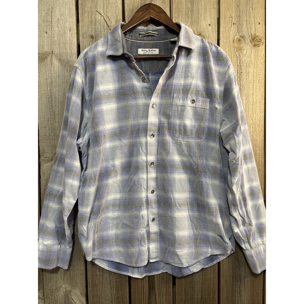 Tommy Bahama Coastline Cord Plaid Button Front Shirt Mens L Blue Cotton Casual